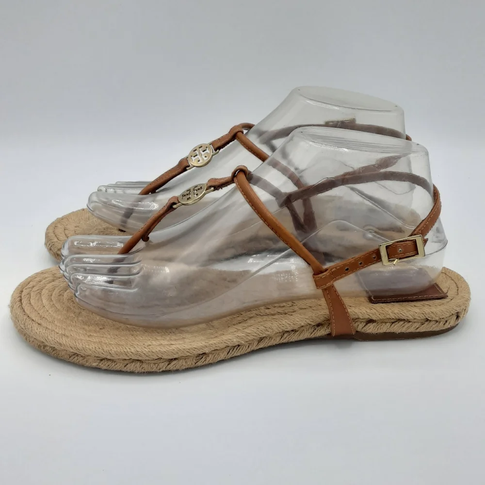 Tory Burch Emmy Brown Leather Espadrille Flat Thong Sandal.